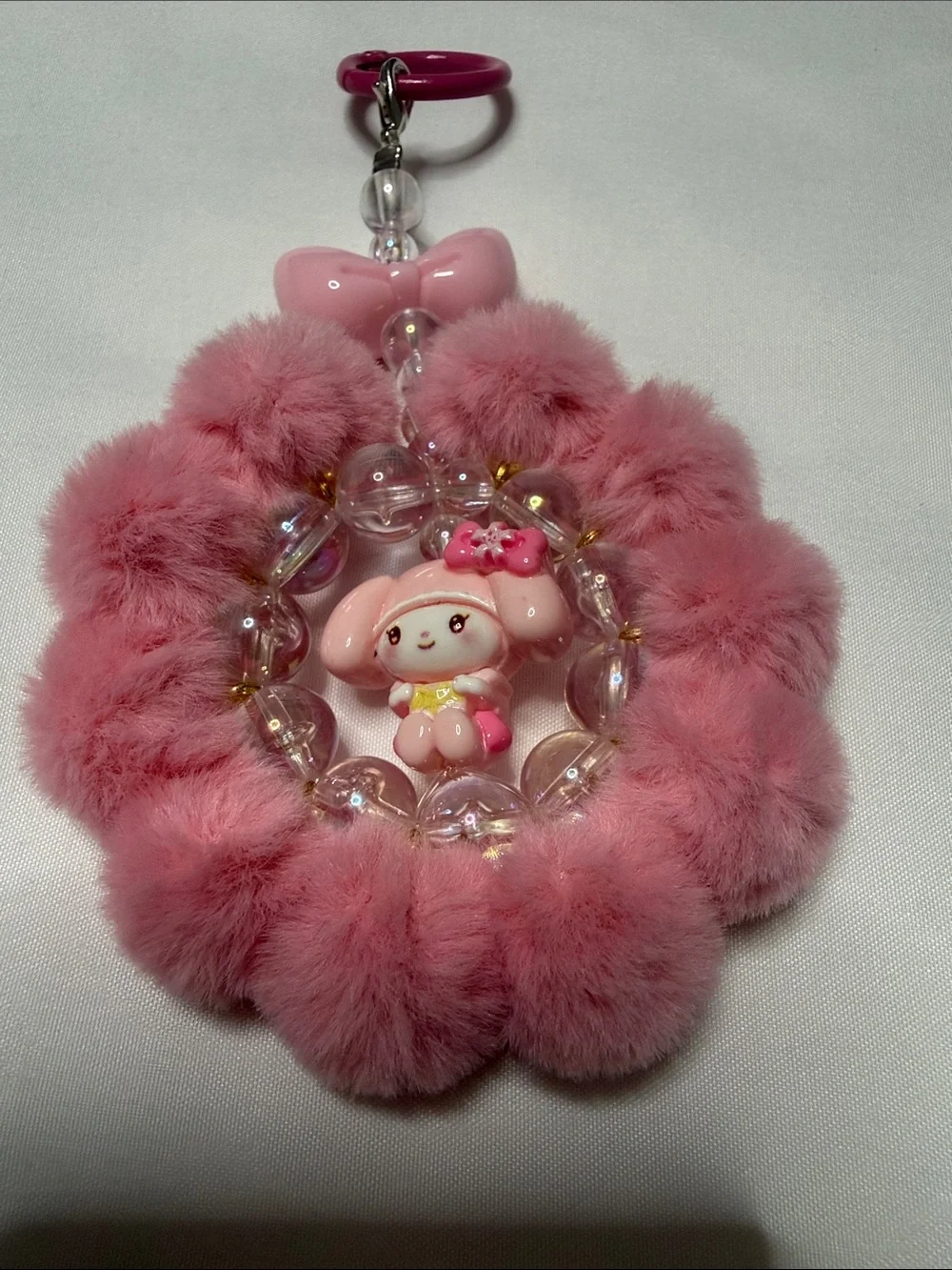 Cute Pink Pom-Pom Keychain Card Holder with Character Charm
